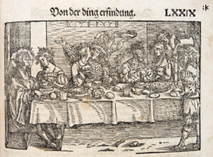 FOTO: Drevorez stredovekej kuchyne v knihe De honesta voluptate et valetudine (o pôžitku a zdraví), 1542.