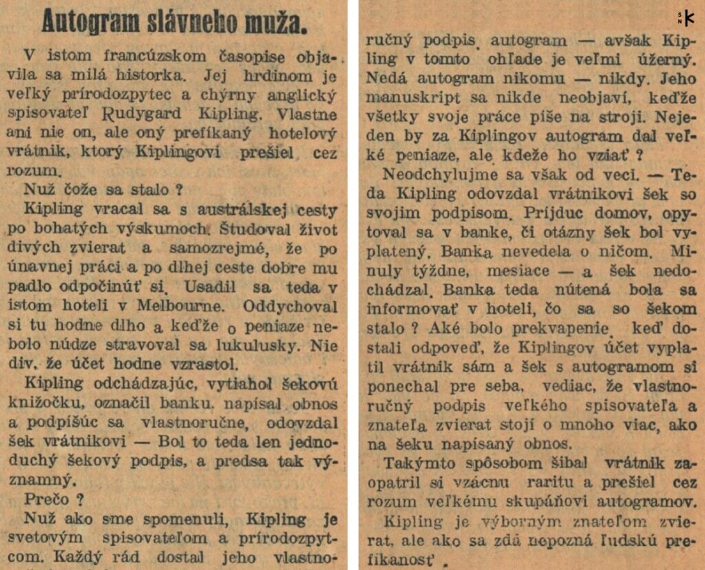 FOTO: Článok z časopisu Slovenský národ 1926 hovorí o tom, ako si fanúšikovia už v minulom storočí vedeli vypátrať osobnosť, od ktorej chceli autogram.