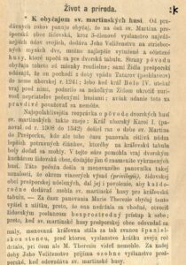 FOTO: Sken článku "K obyčajom sv. martinských husí", ktorý vysvetľuje, odkiaľ sa vzala tradícia pečenia husi 11. novembra. Zdroj: Obzor, 1881, č. 13, 25. november 1881, s. 259 – 260.