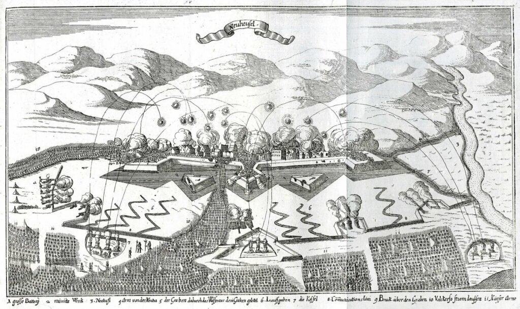 Nové Zámky ( 16.augusta- 25.septembra 1663). In: WAGNER, Johann Christoph: Delineatio provinciarum Pannonie et imperii Turcici in Oriente. Augspurg 1685, s. 162. snkIB 4079.