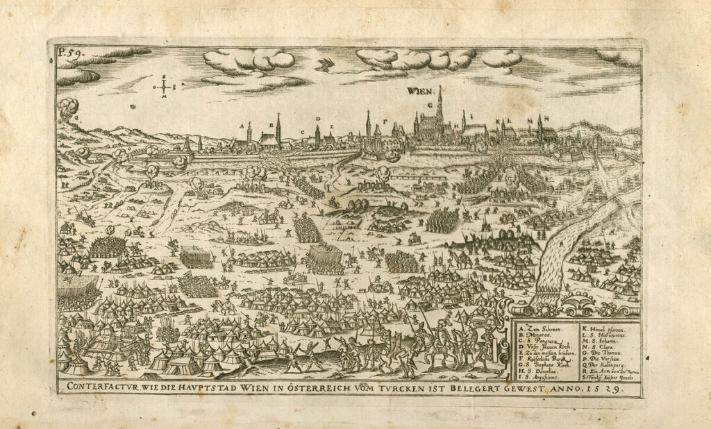 CSM1 -Obliehanie Viedne (25. septembra – 14. októbra 1529) In: Ortelius, Hieronymus: Ortelius redivivus et continuatus, Oder Der Ungarischen Kriegs – Empörungen.... Franckfurt am Mayn, 1665, s. 59. snk IB 4073/1-2